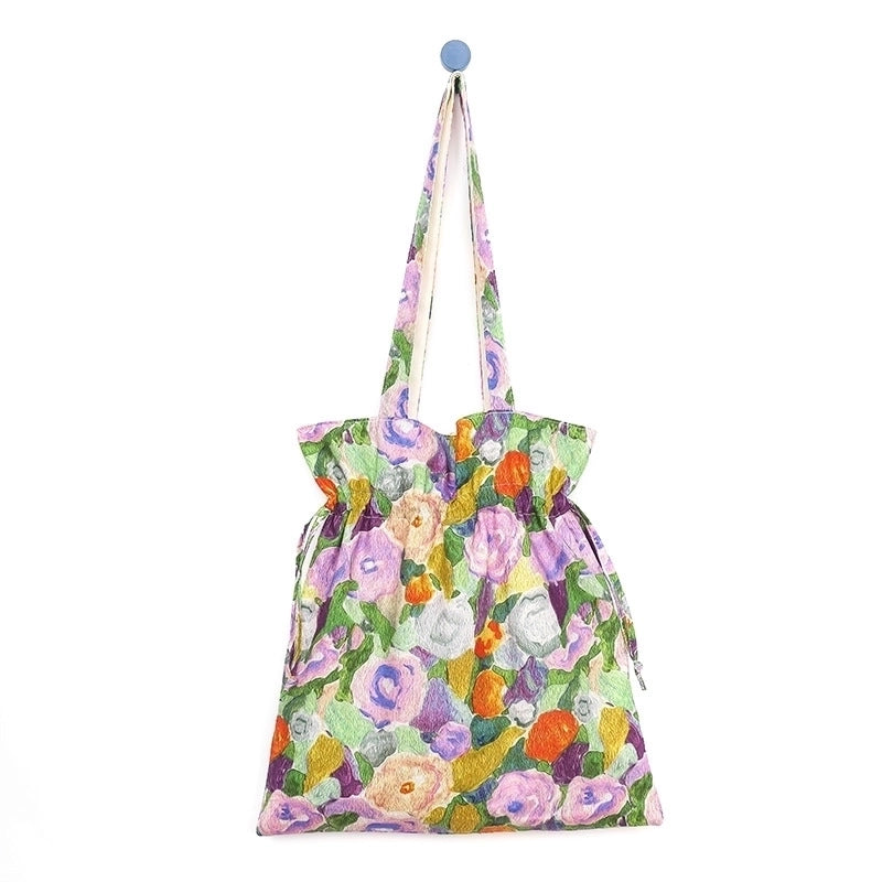 Women's Medium Canvas Cotton Oil Painting Vintage Style Square String Canvas Bag