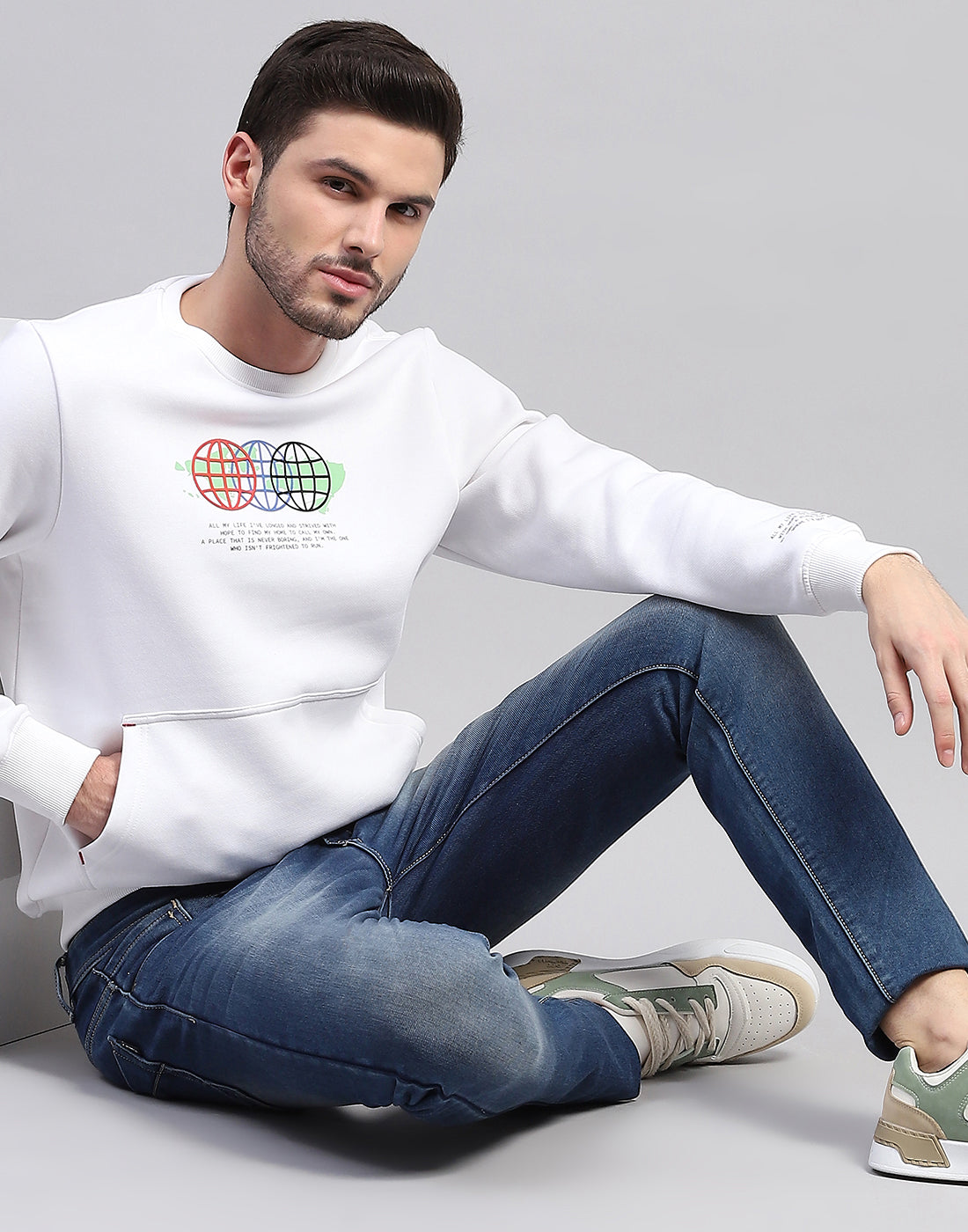 Men White Printed Round Neck Full Sleeve Sweatshirt