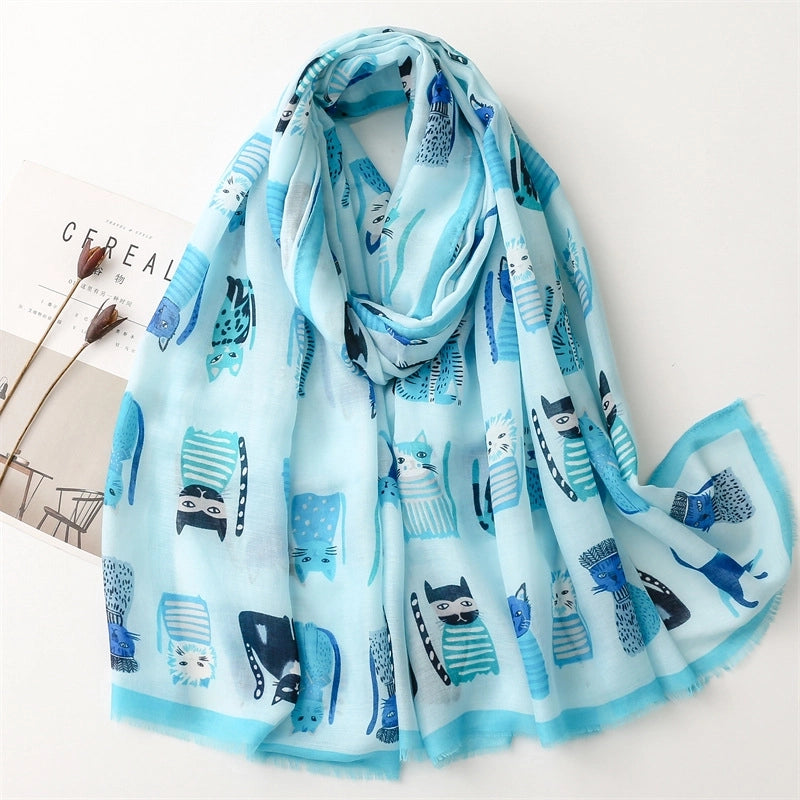Broadcast Cute Kitten Paradise Printed Silk Scarf Satin Cotton Long Scarf Spring And Autumn Sunscreen Travel Scarf