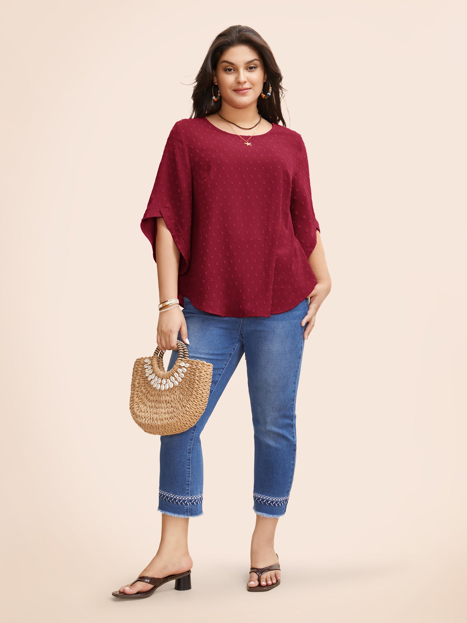 Textured Round Neck Bell Sleeve Blouse