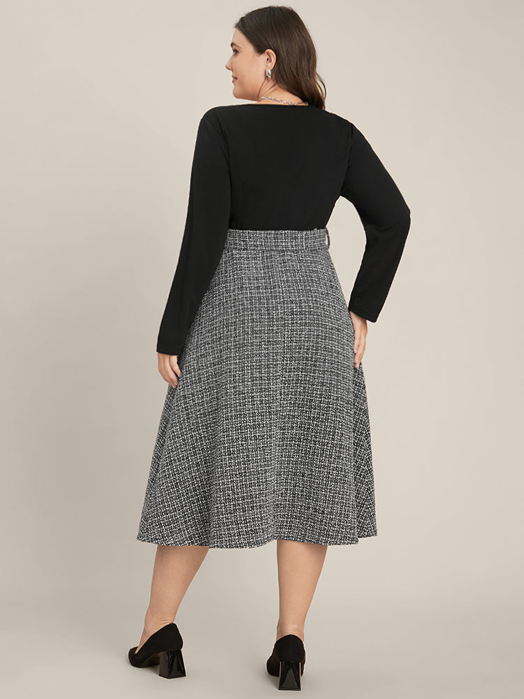 Plaid Patchwork Surplice Neck Belted Tweed Dress