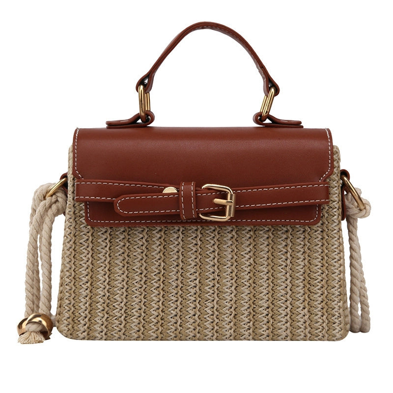 Women's Small Pu Leather Straw Color Block Vacation Classic Style Weave Square Magnetic Buckle Shoulder Bag Handbag Crossbody Bag