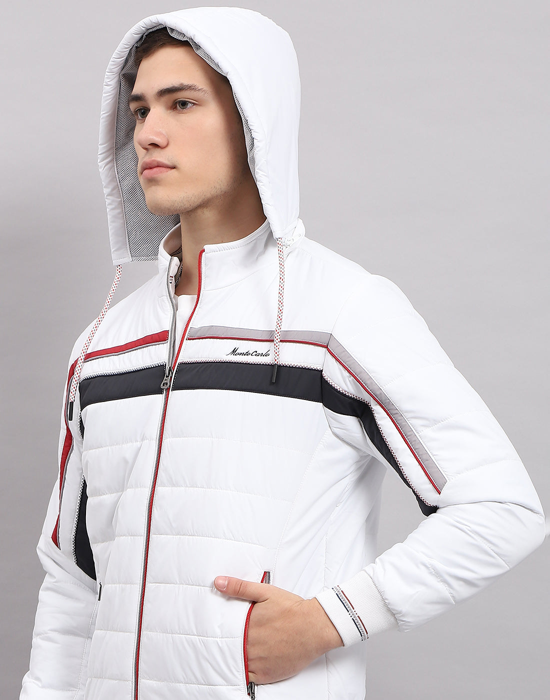 Men White Solid Hooded Full Sleeve Jacket