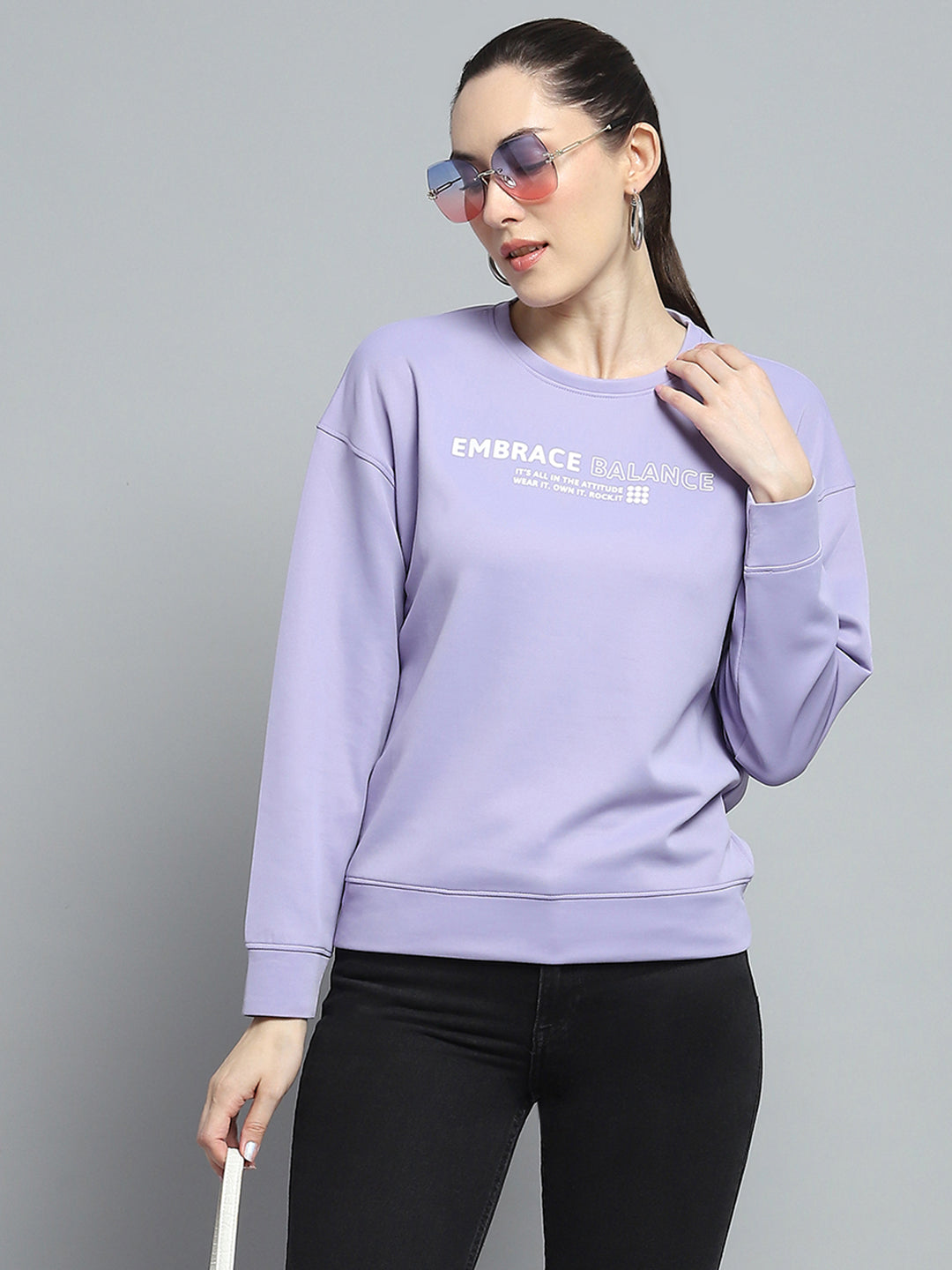 Women Purple Printed Round Neck Full Sleeve Sweatshirt