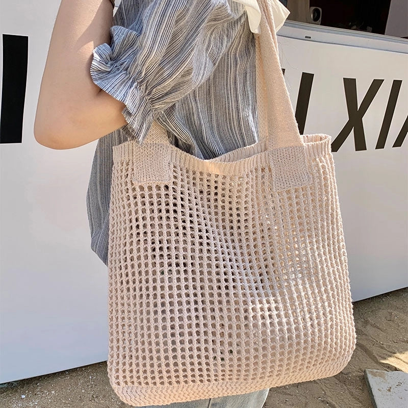 Women's Medium Knit Solid Color Basic Beach Weave Hollow Open Shoulder Bag