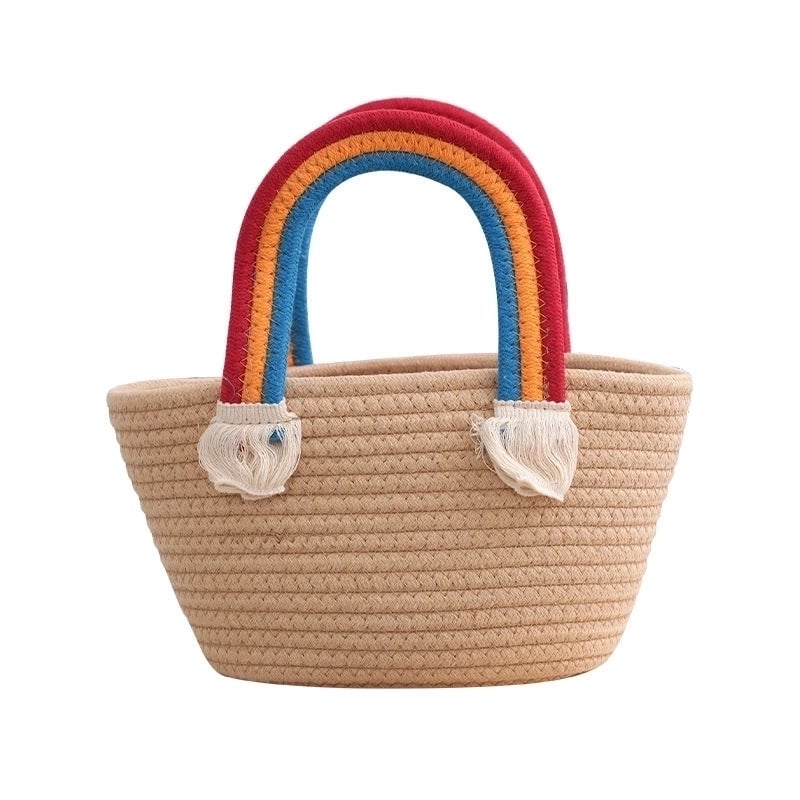 Women's Medium Cotton Rainbow Solid Color Vacation Beach Weave Bucket Open Straw Bag