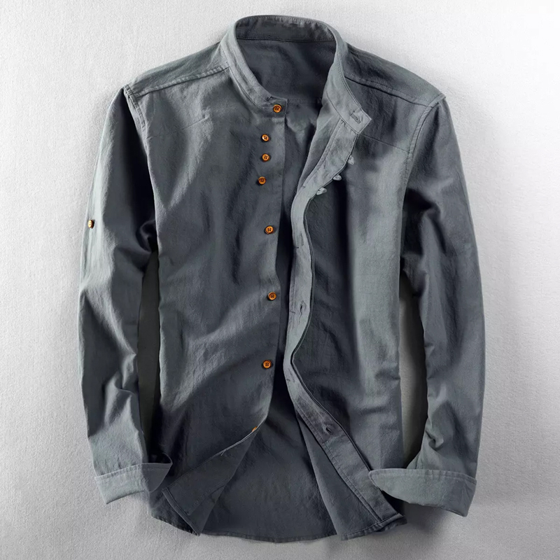 Men's Cotton And Linen Long-Sleeved Stand-Up Collar Shirt