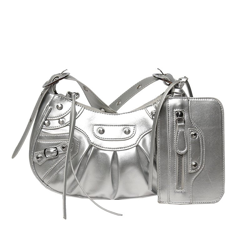 Women's Medium Summer Autumn Pu Leather Solid Color Fashion Rivet Dumpling Shape Zipper Bag Sets