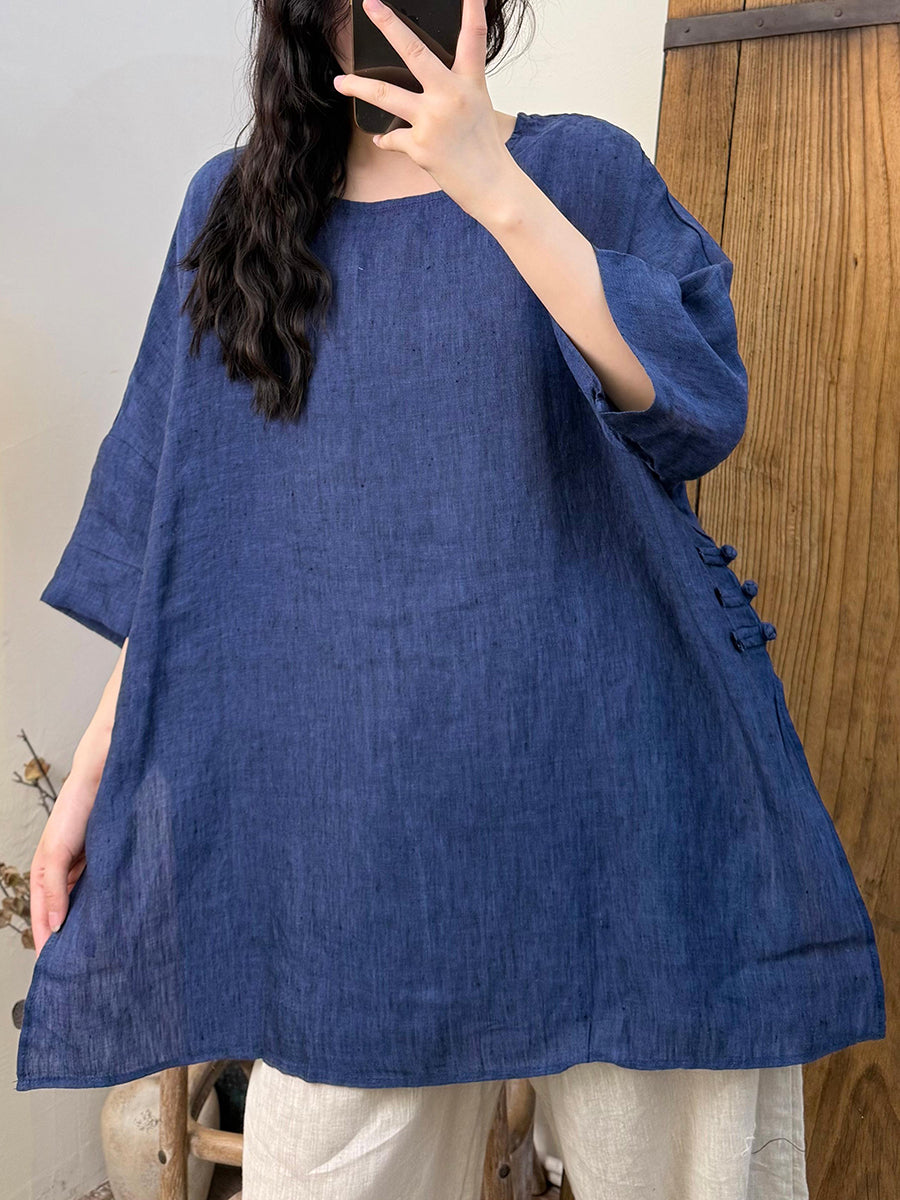 Women Summer Vintage Pure Color O-Neck Hemp Shirt