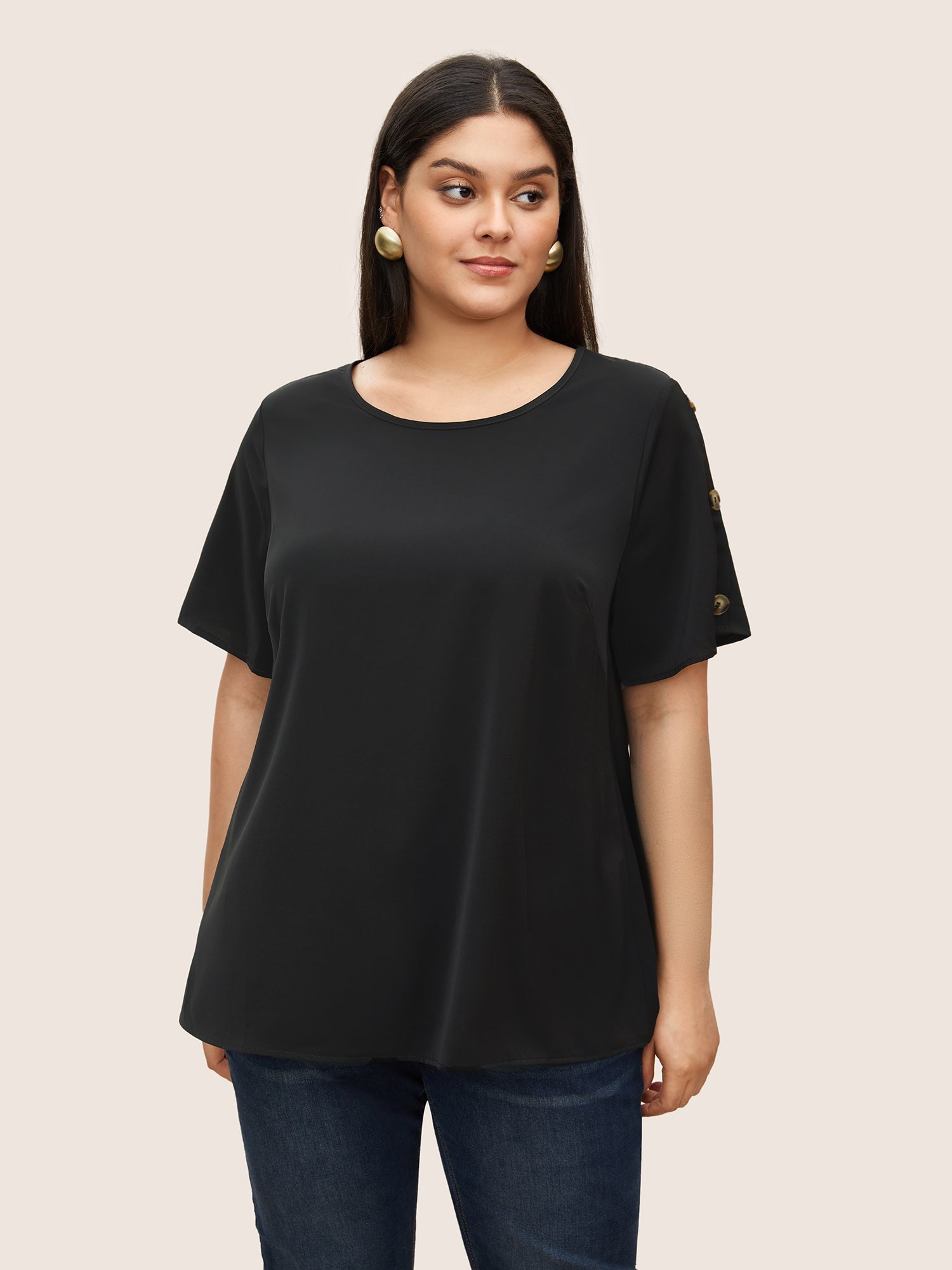 Plain Round Neck Button Detail Blouse
