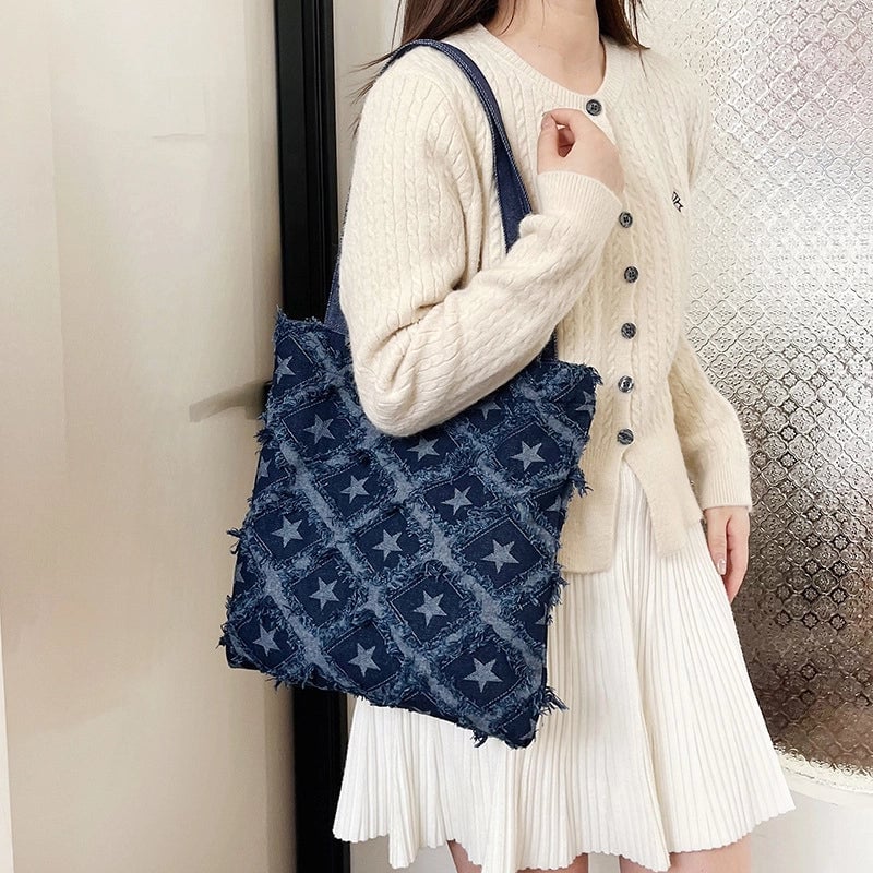 Women's Denim Star Classic Style Square Zipper Tote Bag