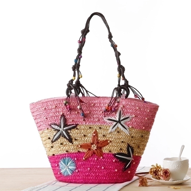 Women's Large Straw Color Block Vacation Embroidery Bucket Zipper Straw Bag