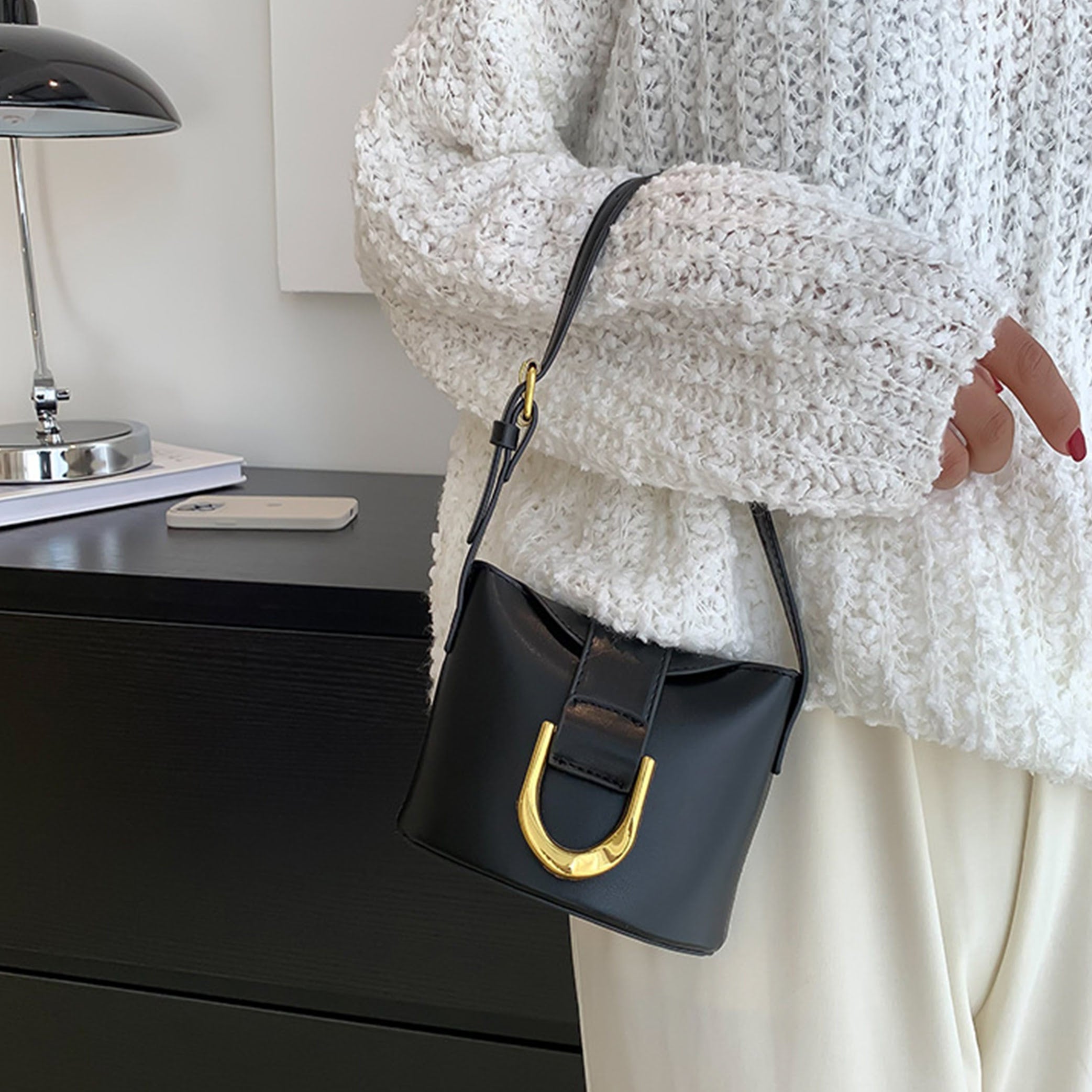 Mini Bucket  Bag with Metal Horseshoe Buckle