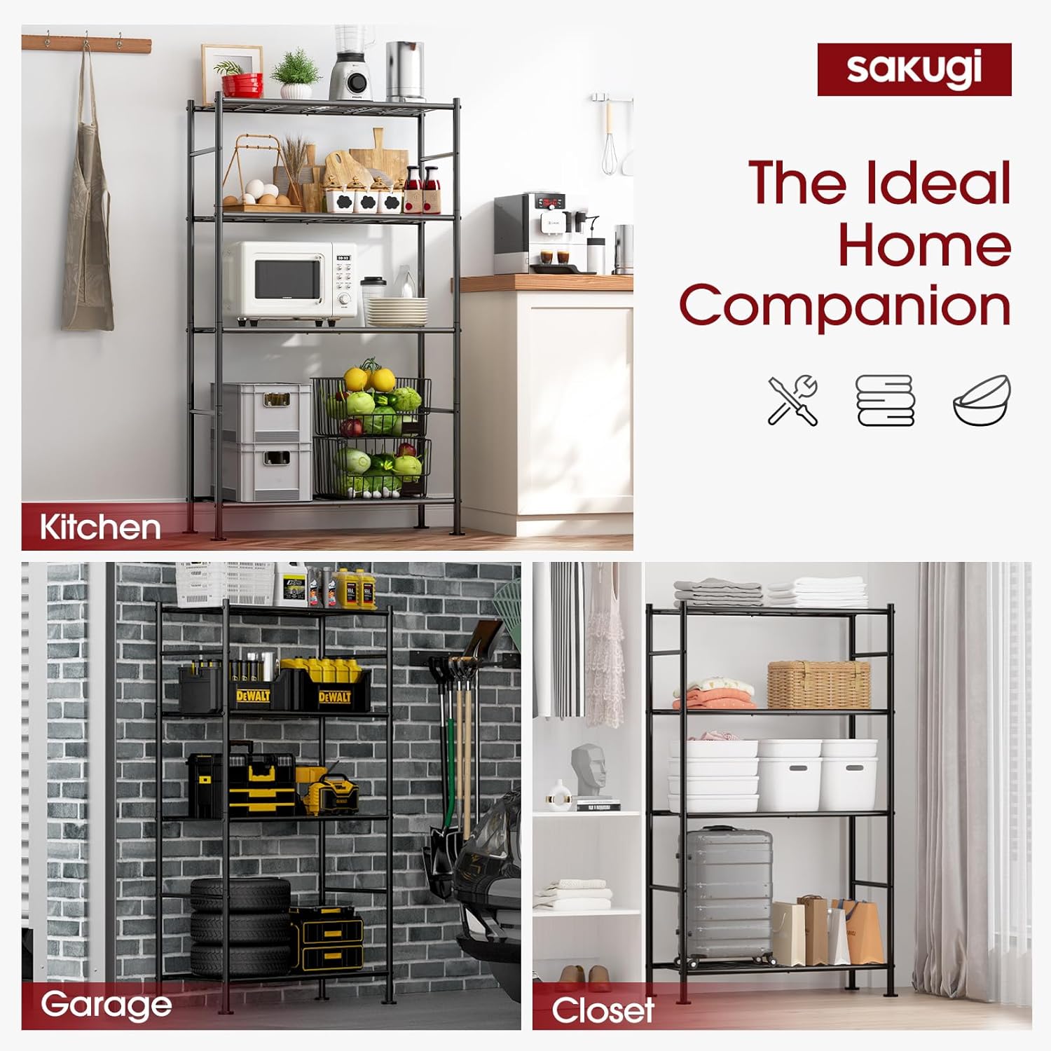 Storage Shelves - 5 Tier Shelf Organizer, Heavy Duty Garage Shelving Unit with Leveling Feet, Stable Metal Shelves Organizer for Pantry, Kitchen and Closet, 33.0