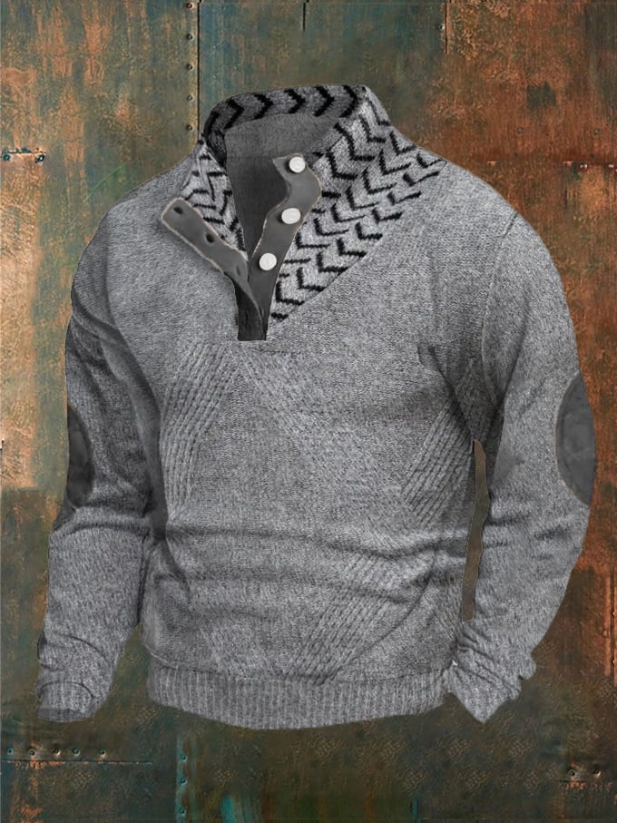 Men's Solid Color Print Button Stand Collar Sweatshirt
