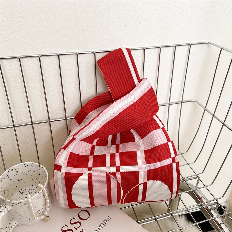 Women's Small Knit Houndstooth Stripe Butterfly Classic Style Square Open Handbag