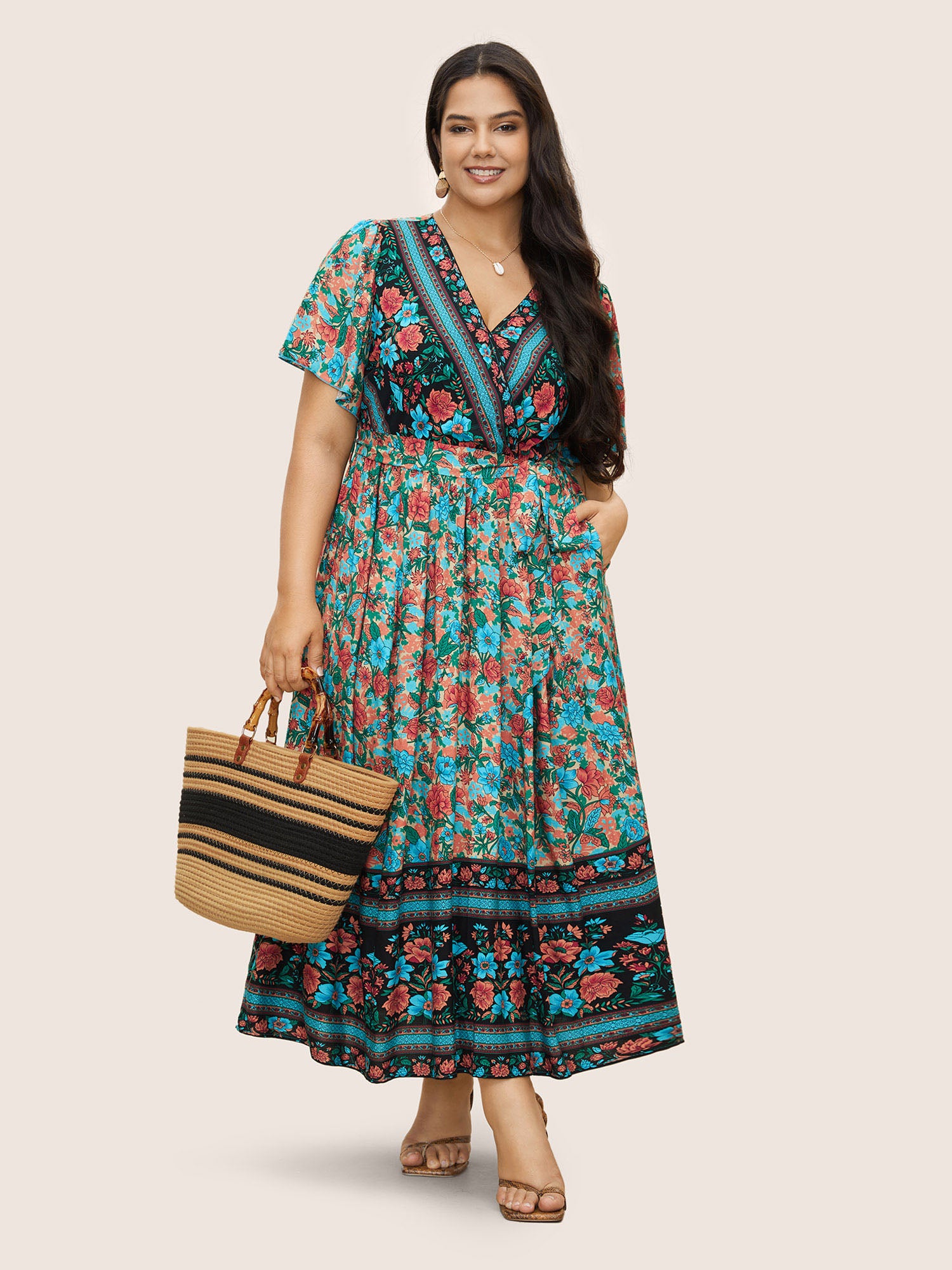 Bandana Surplice Neck Pocket Belted Flutter Hem Maxi Dress