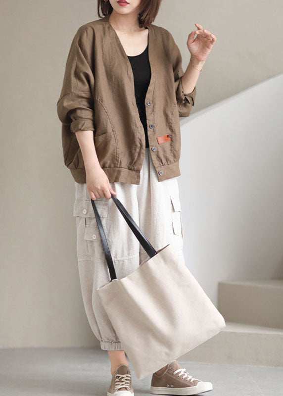 Plus Size Khaki V Neck Loose Button Fall Long sleeve Jacket