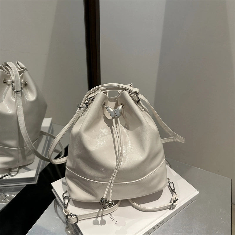 Women's Pu Leather Butterfly Classic Style Sewing Thread Bucket String Shoulder Bag Drawstring Backpack Crossbody Bag