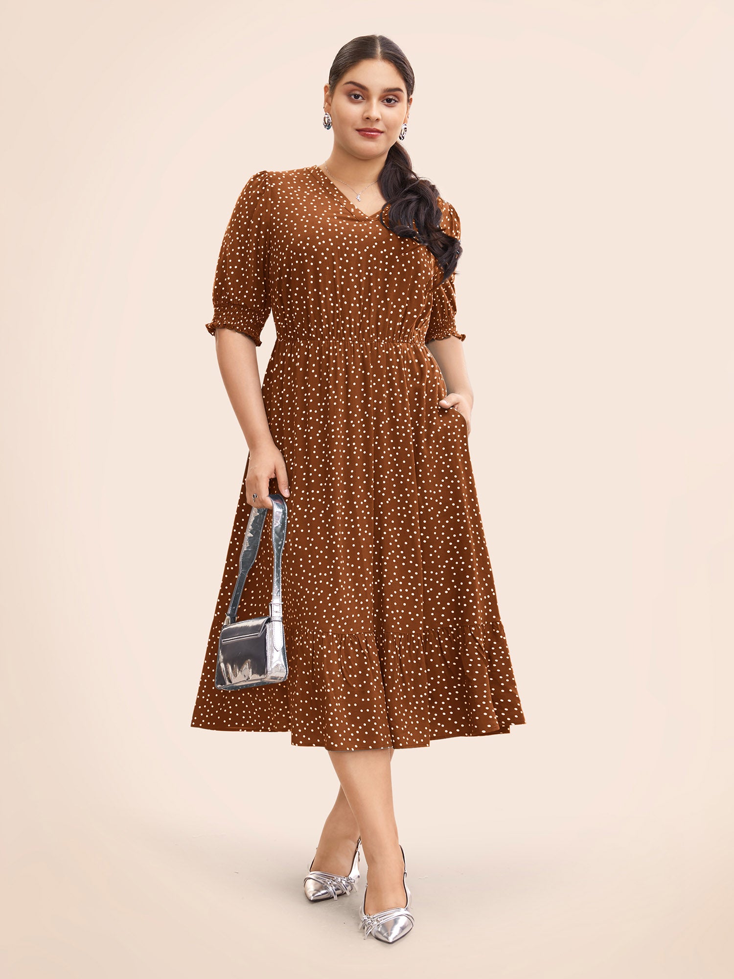 Polka Dot Shirred Pocket Flutter Hem Dress