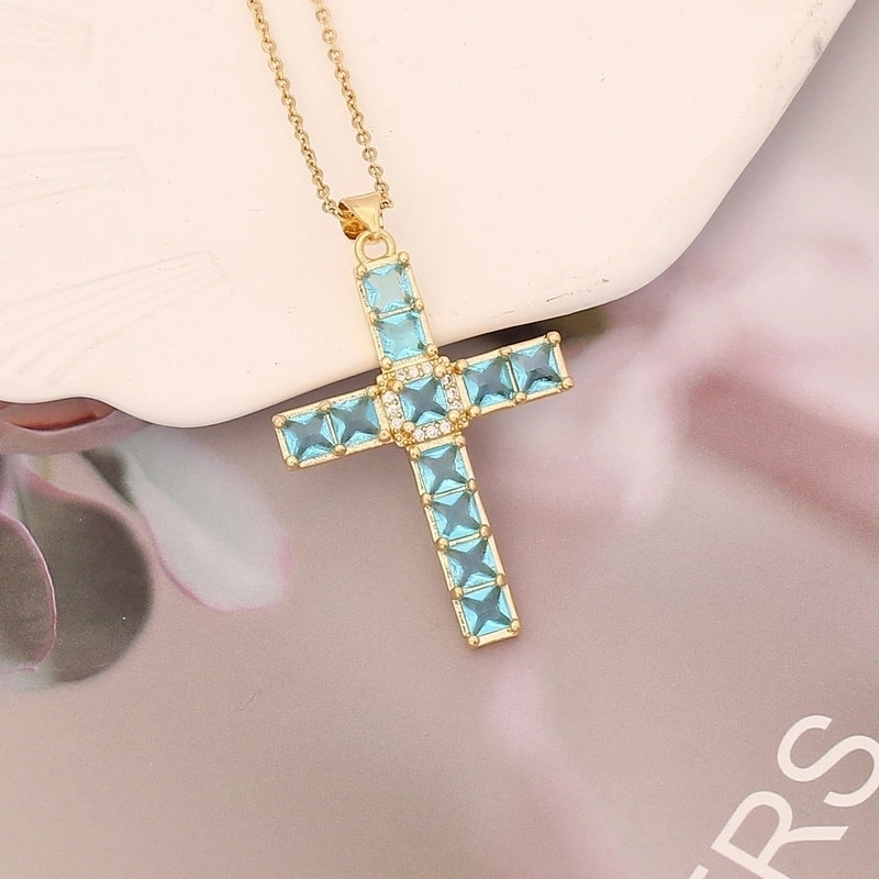 Stainless Steel Copper 18K Gold Plated Fashion Inlay Cross Zircon Pendant Necklace