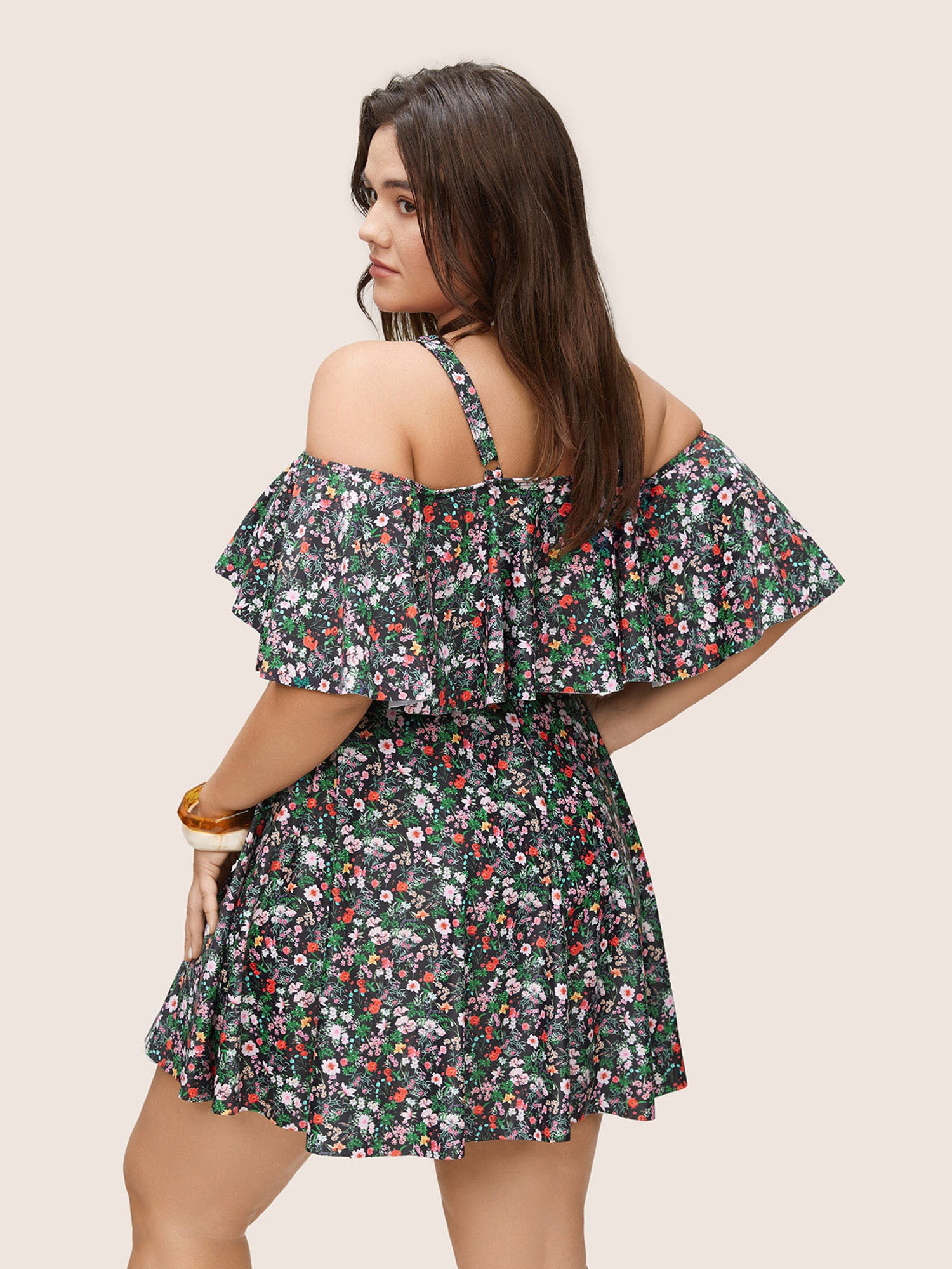 Ditsy Floral Ruffles Cold Shoulder Swim Dress