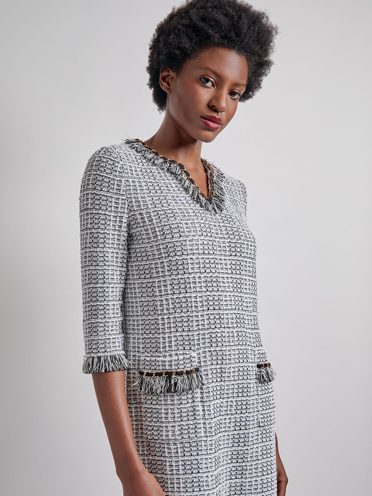 Chain & Fringe Trim Tweed Knit Shift Dress - Vanity Fit