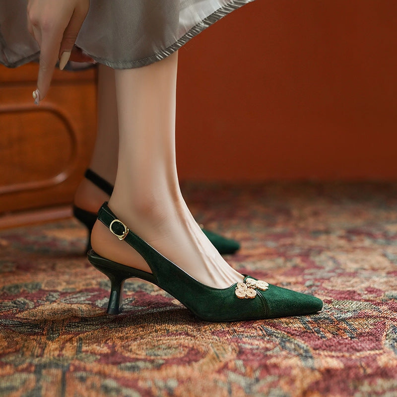 Point Toe Genuine Leather Slingback Kitty Heel Sandals in Black/Green