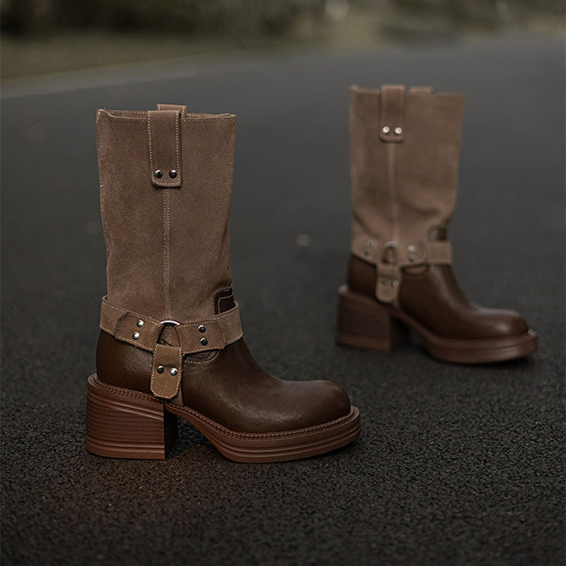 Women's Leather Western Boots Block Heel Mid Calf Boots for Autumn/Winter