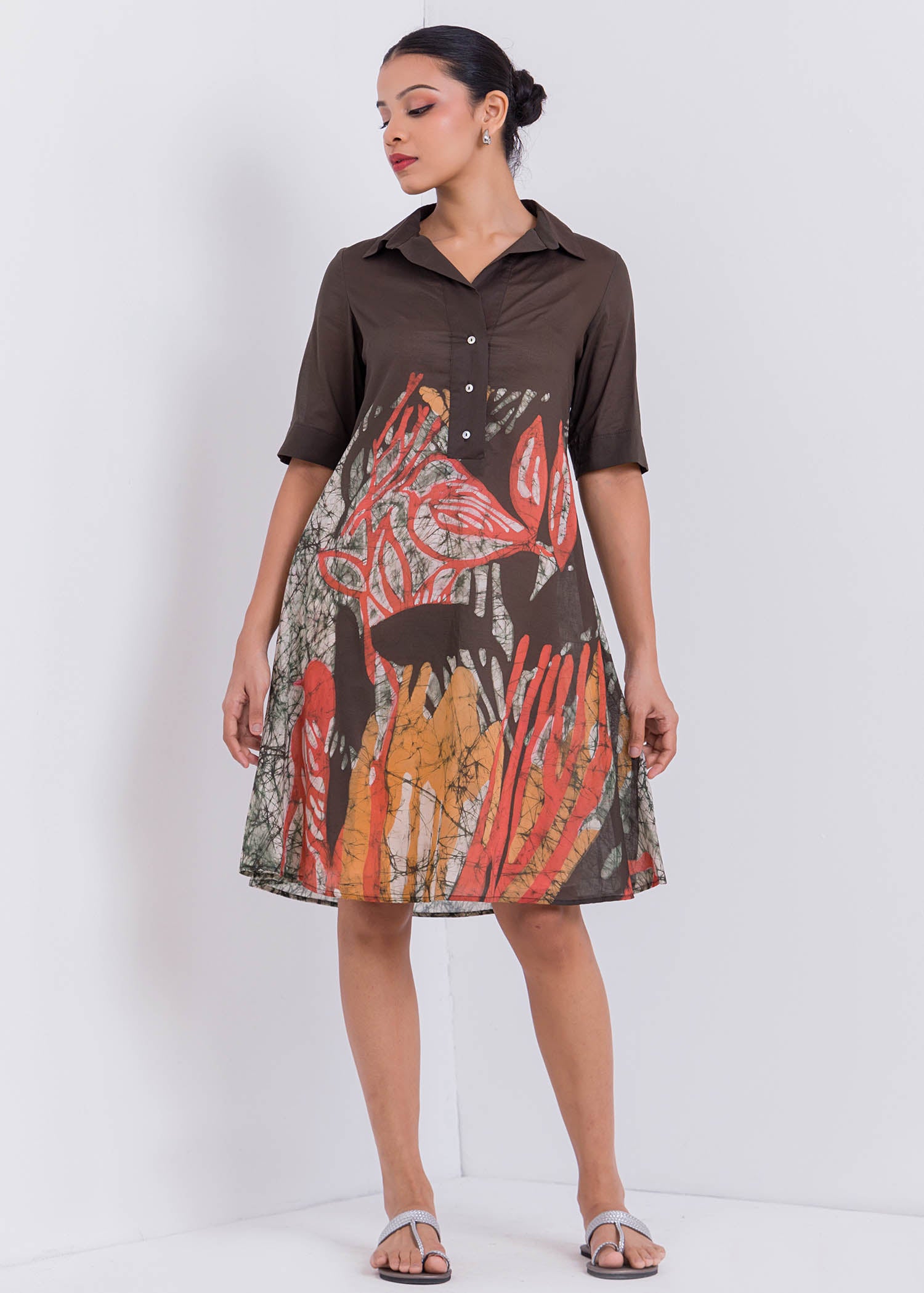 Bird Printed Collared Batik Dress