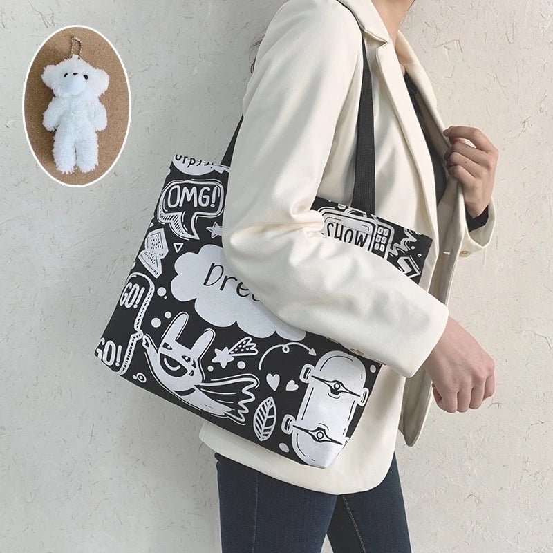 Women's Large Canvas Animal Cartoon Cute Zipper Tote Bag