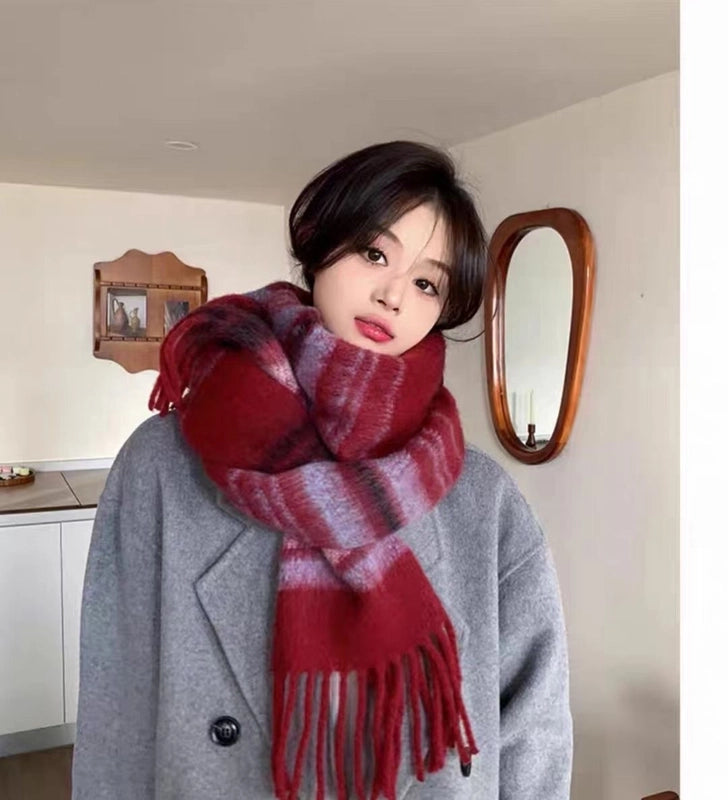 Gradient Horizontal Plaid Couple Scarf Mohair Scarf Winter Warm Thickened Lengthened Trendy White Scarf