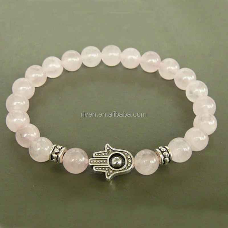 SN0795 Rose Quartz Hamsa Women Beaded Natural Rose Quartz Bracelets Energy Yoga Wrist