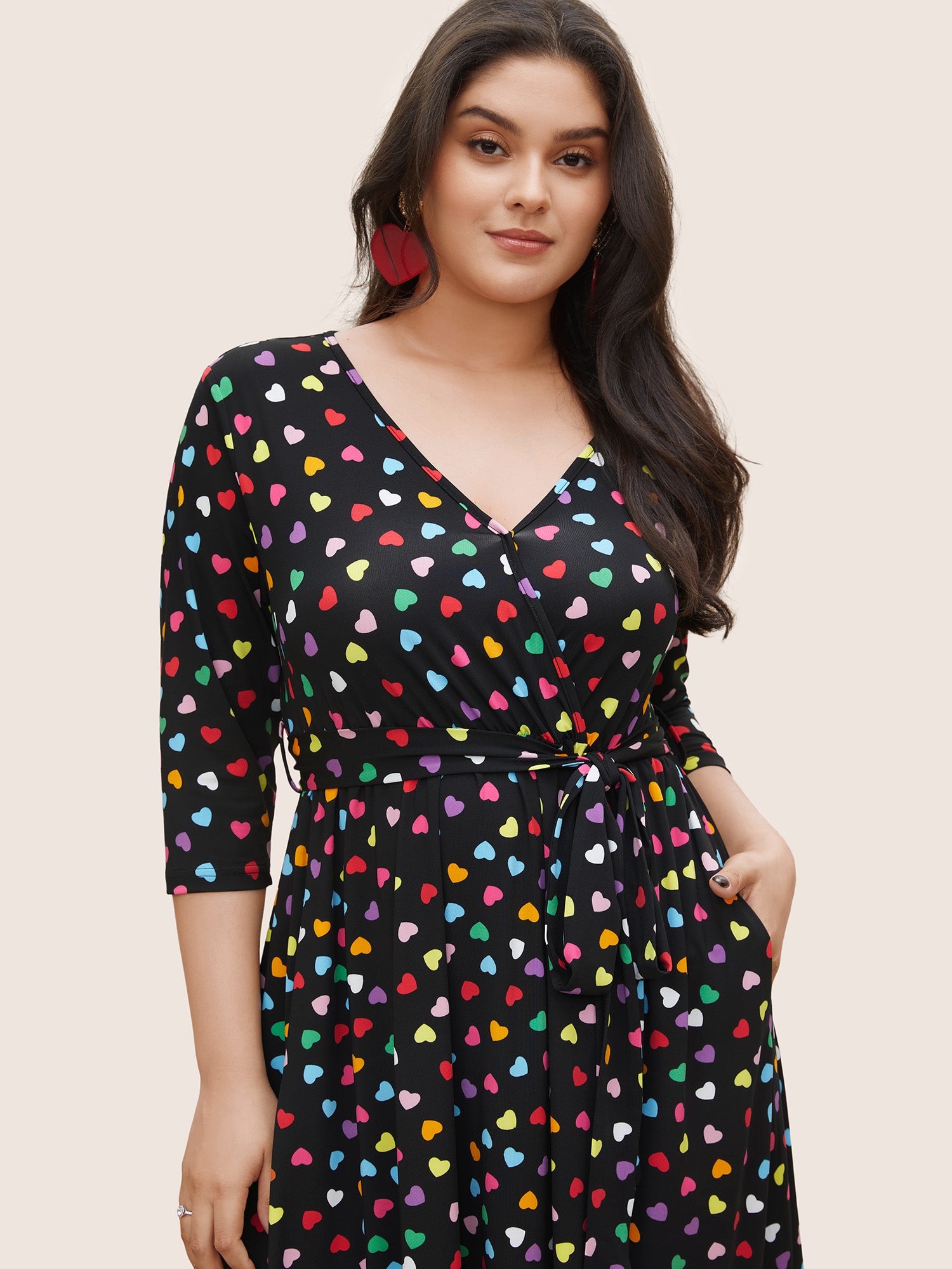 Colored Heart Print Belted Overlap Collar Dress