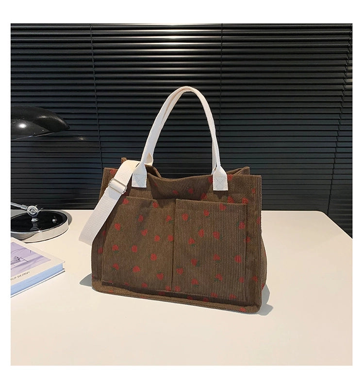 Women's Large Corduroy Solid Color Strawberry Basic Classic Style Square Zipper Tote Bag