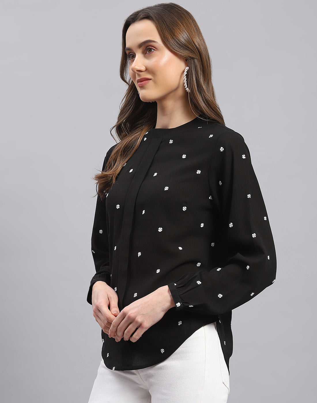 Women Black Embroidered Round Neck Full Sleeve Top