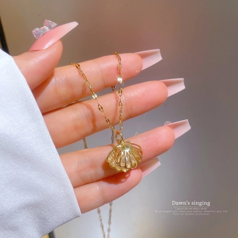 Modern Style Shell Titanium Steel Copper Inlay Pearl Zircon Pendant Necklace