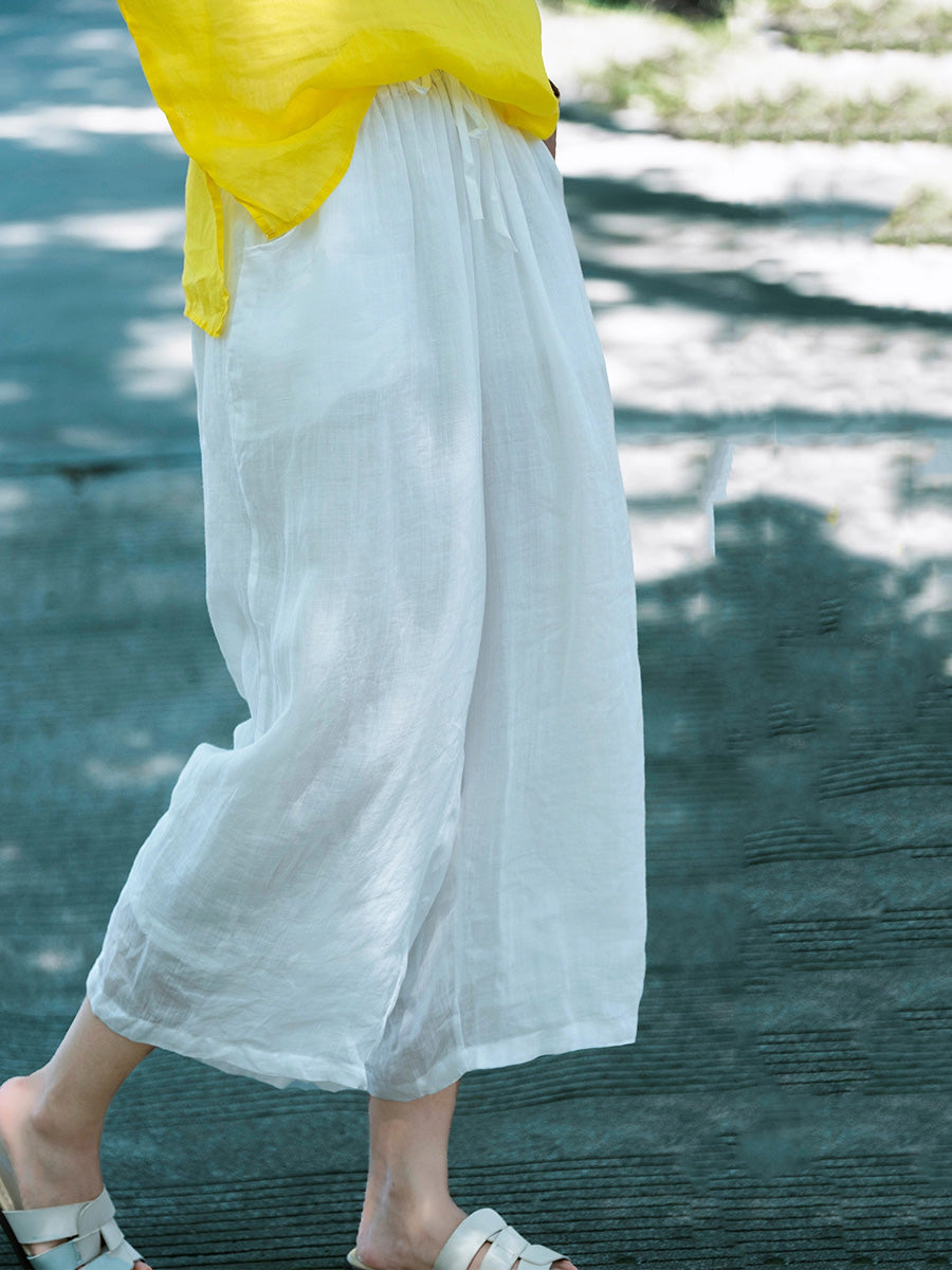 Women Summer Pure Color 100%Ramie Wide-leg Pants