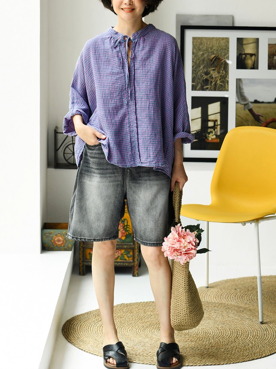 Women Summer Retro Plaid 100%Linen V-Neck Shirt