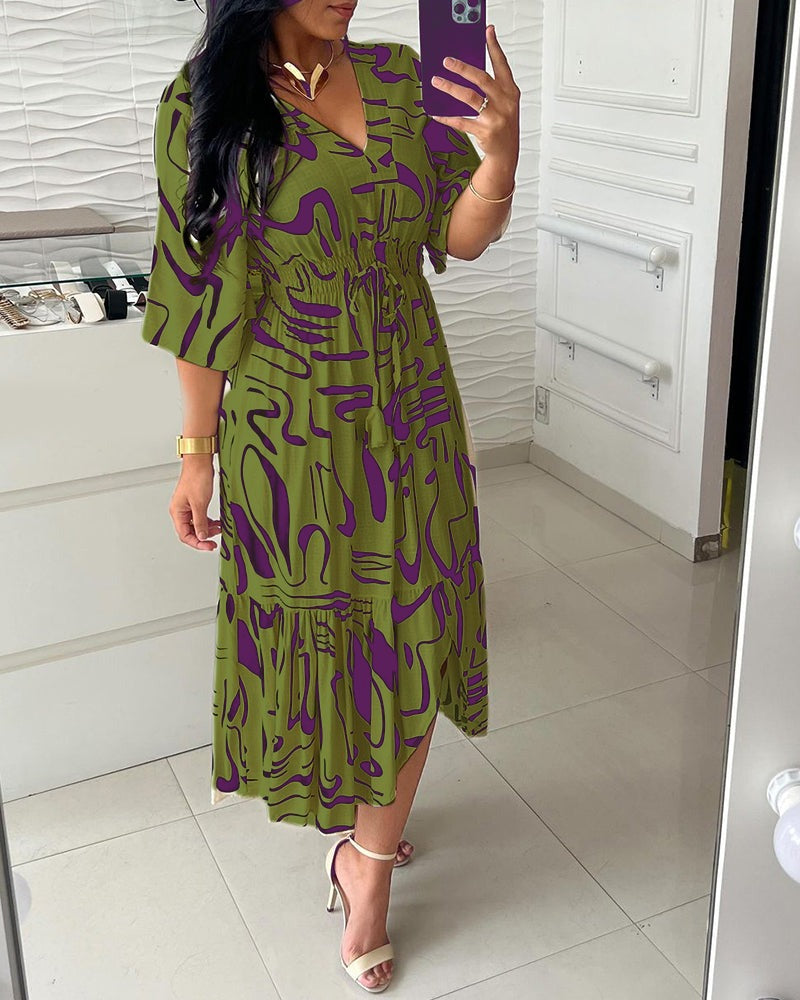 V-Neck Waist Inkprint Dress