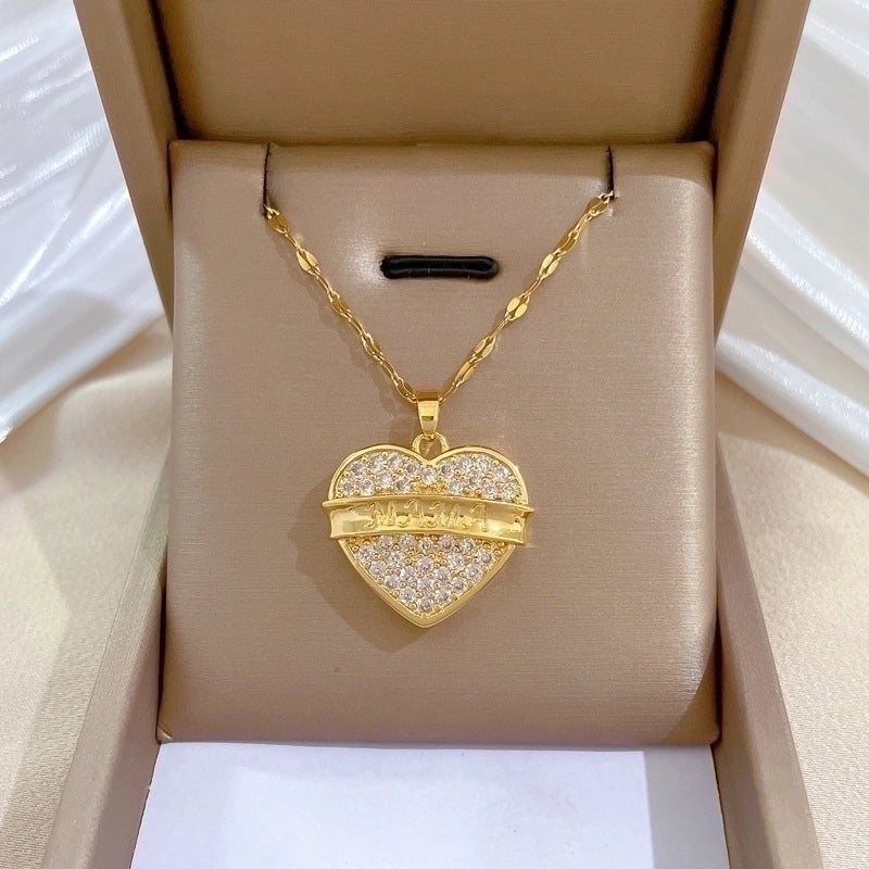 2 Pieces Minimalist Classic Style Geometric Heart Shape Titanium Steel Copper Zircon Pendant Necklace In Bulk