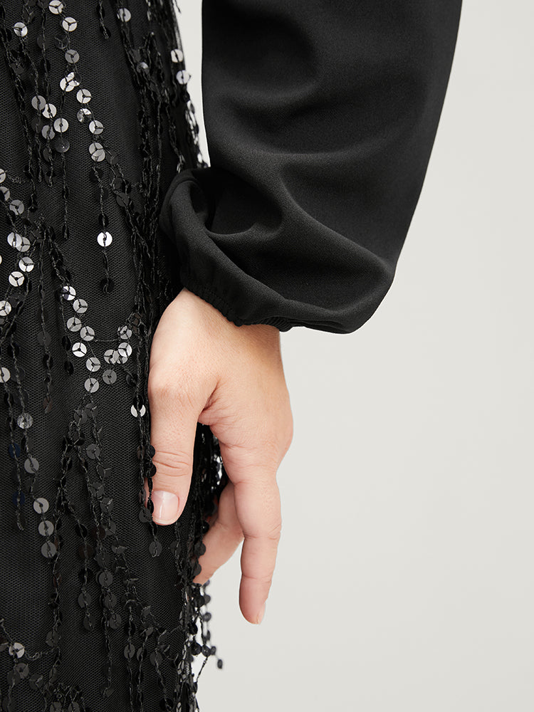 Solid Patchwork Wrap Sequin Tassel Detail Dress