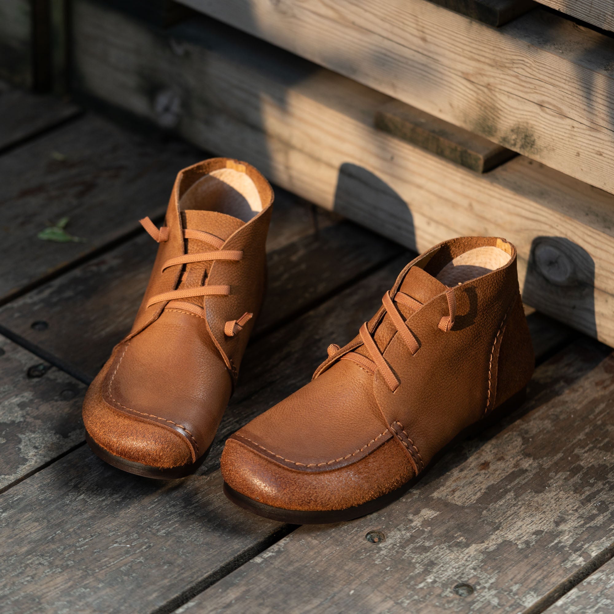 Retro Round Toe Barefoot Genuine Leather Martin Boots Lace-Up Ankle Boots in Coffee/Brown