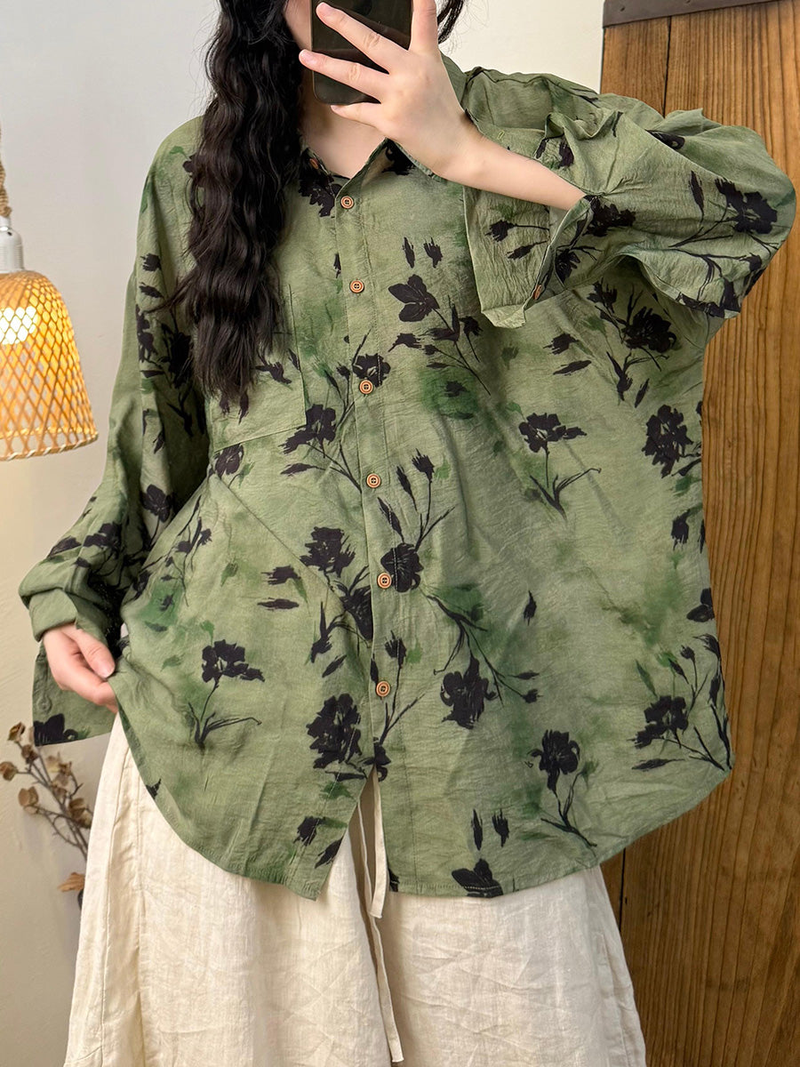 Women Summer Retro Flower Turn-down Collar Linen Shirt