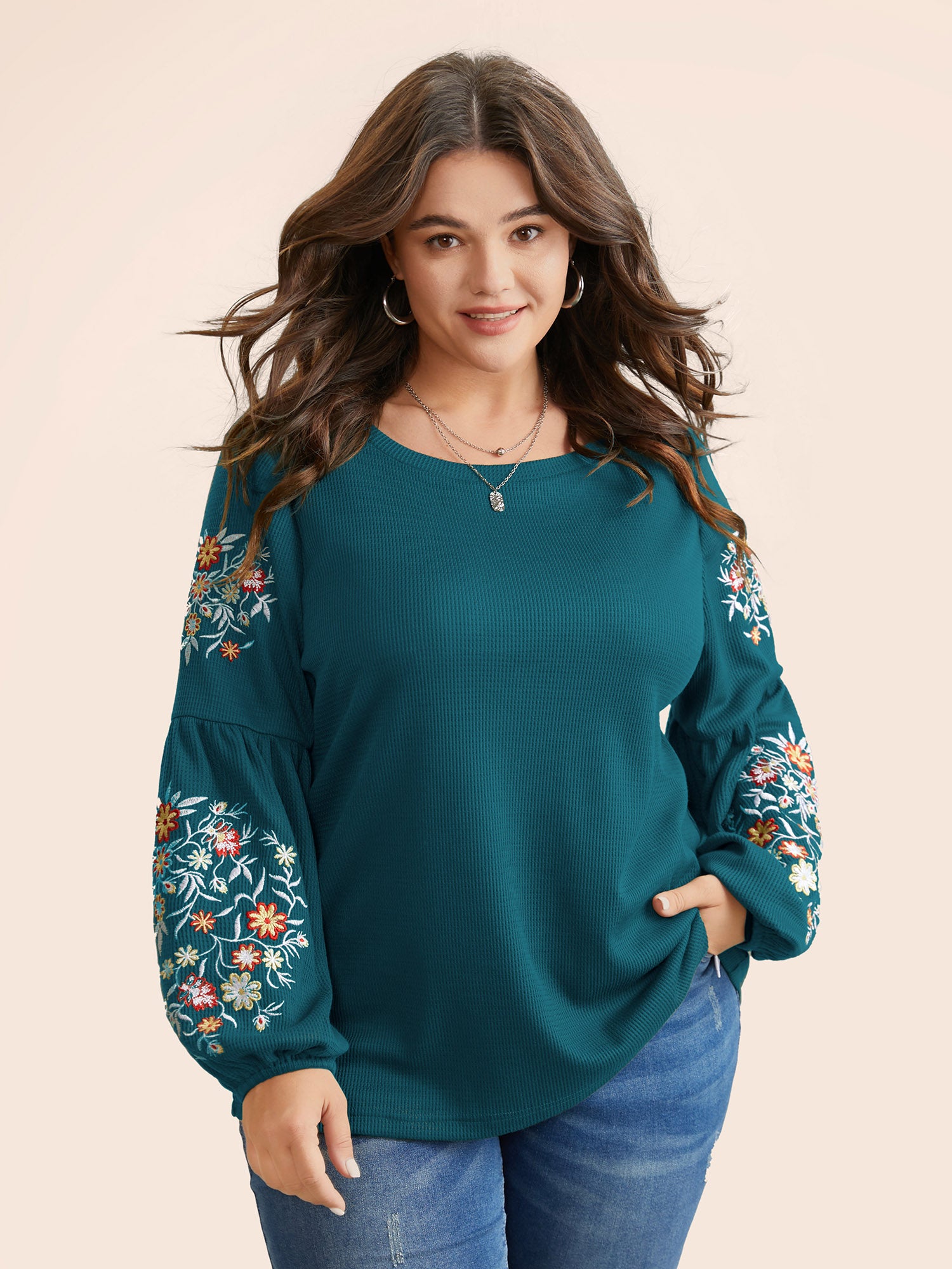 Waffle Knit Floral Embroidered Lantern Sleeve T-shirt