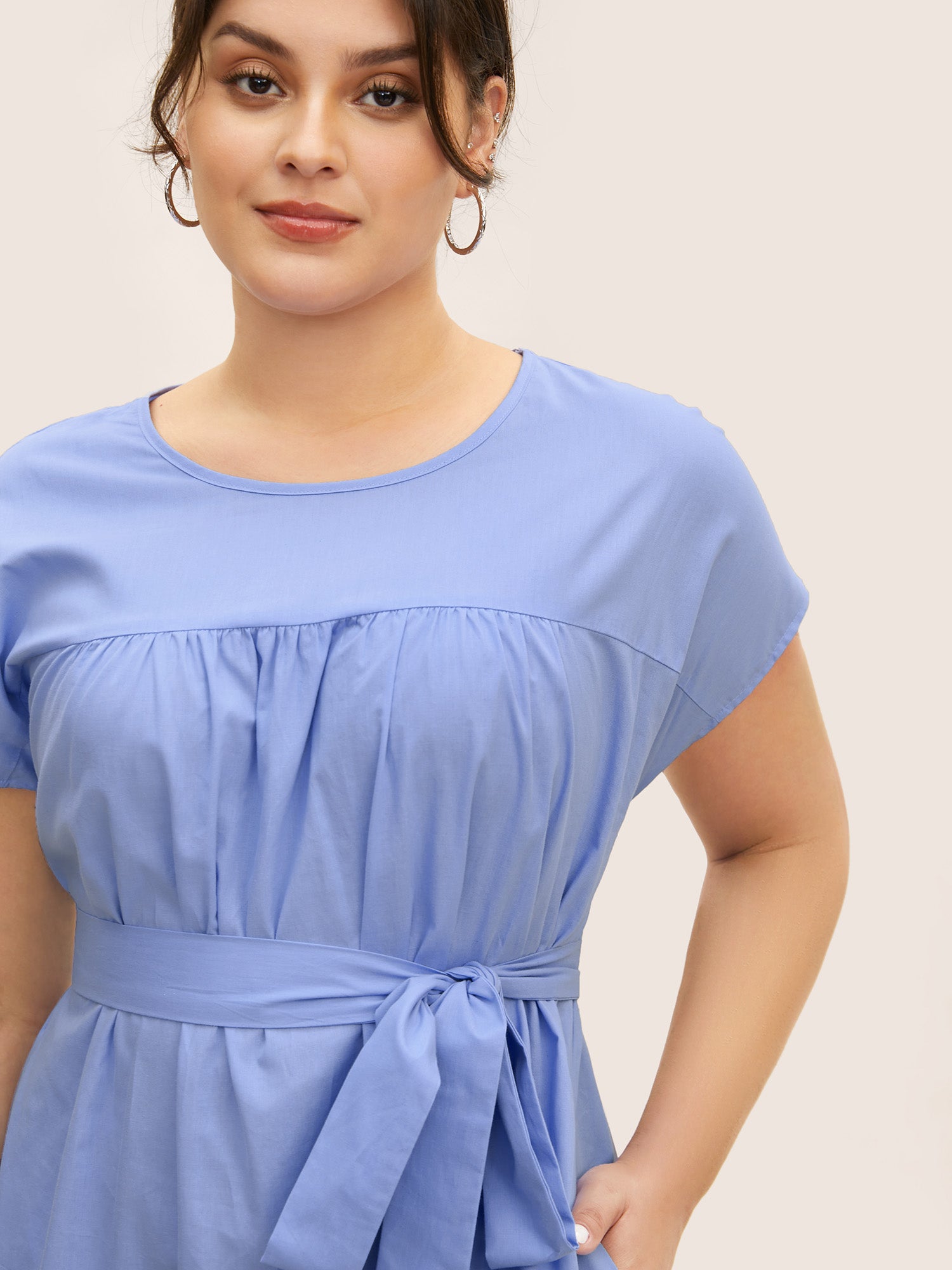 Solid Dolman Sleeve Broderie Anglaise Belted Dress