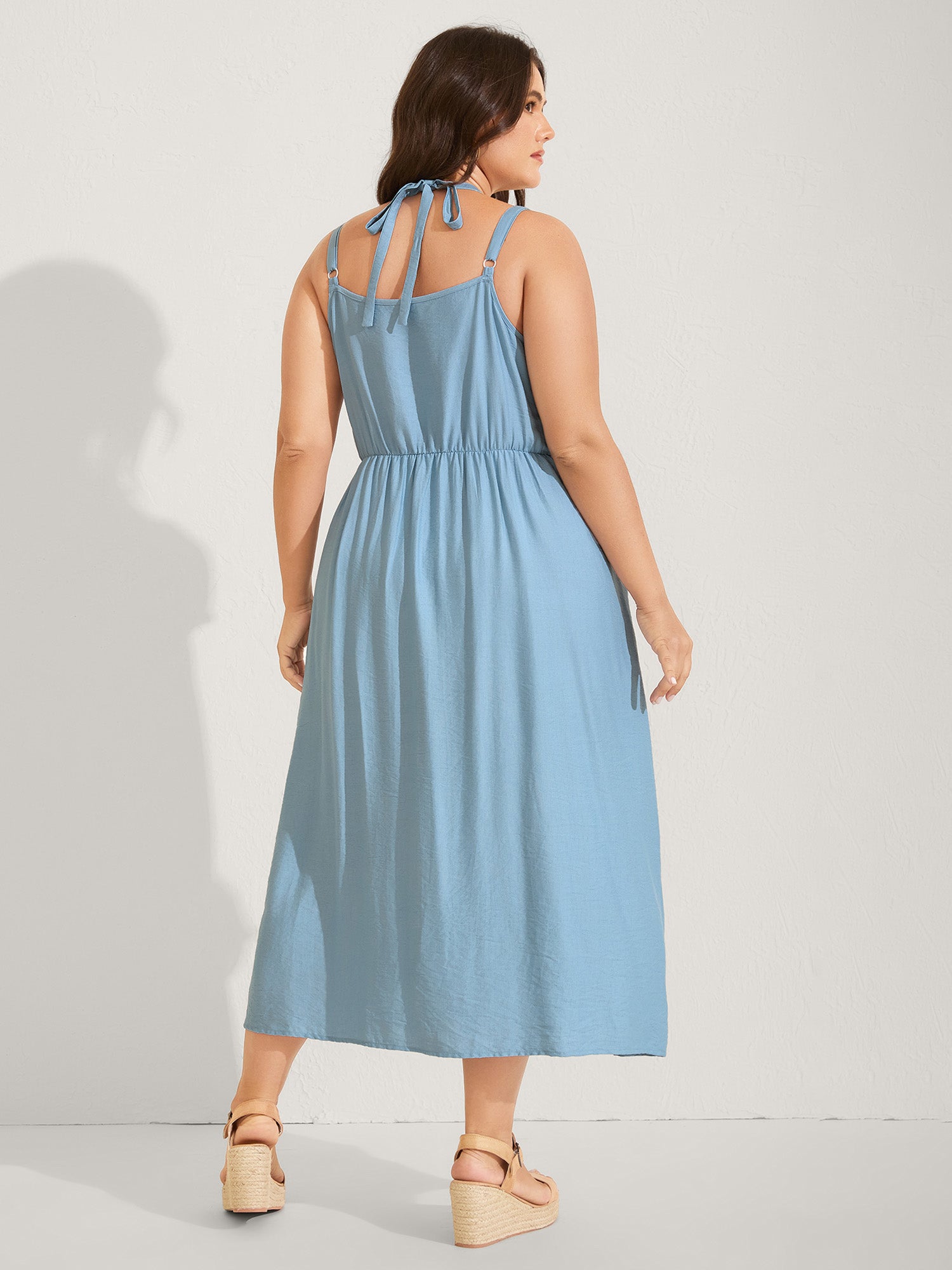 Lace Spliced Pleated Solid Midi Dress
