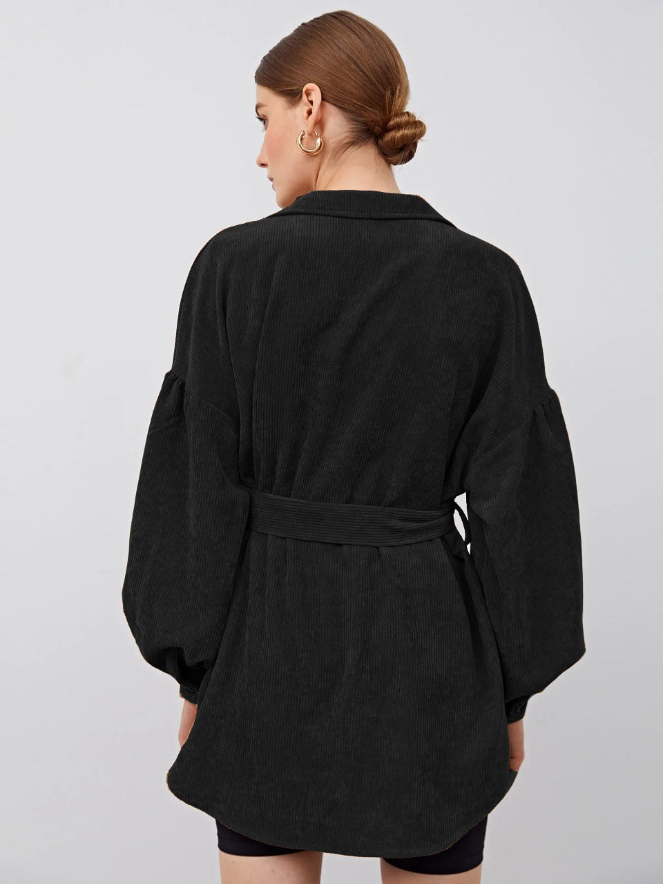 Collared Flap Pocket Front Buckle Belted Cord Coat without belt( CLEARANCE SALE