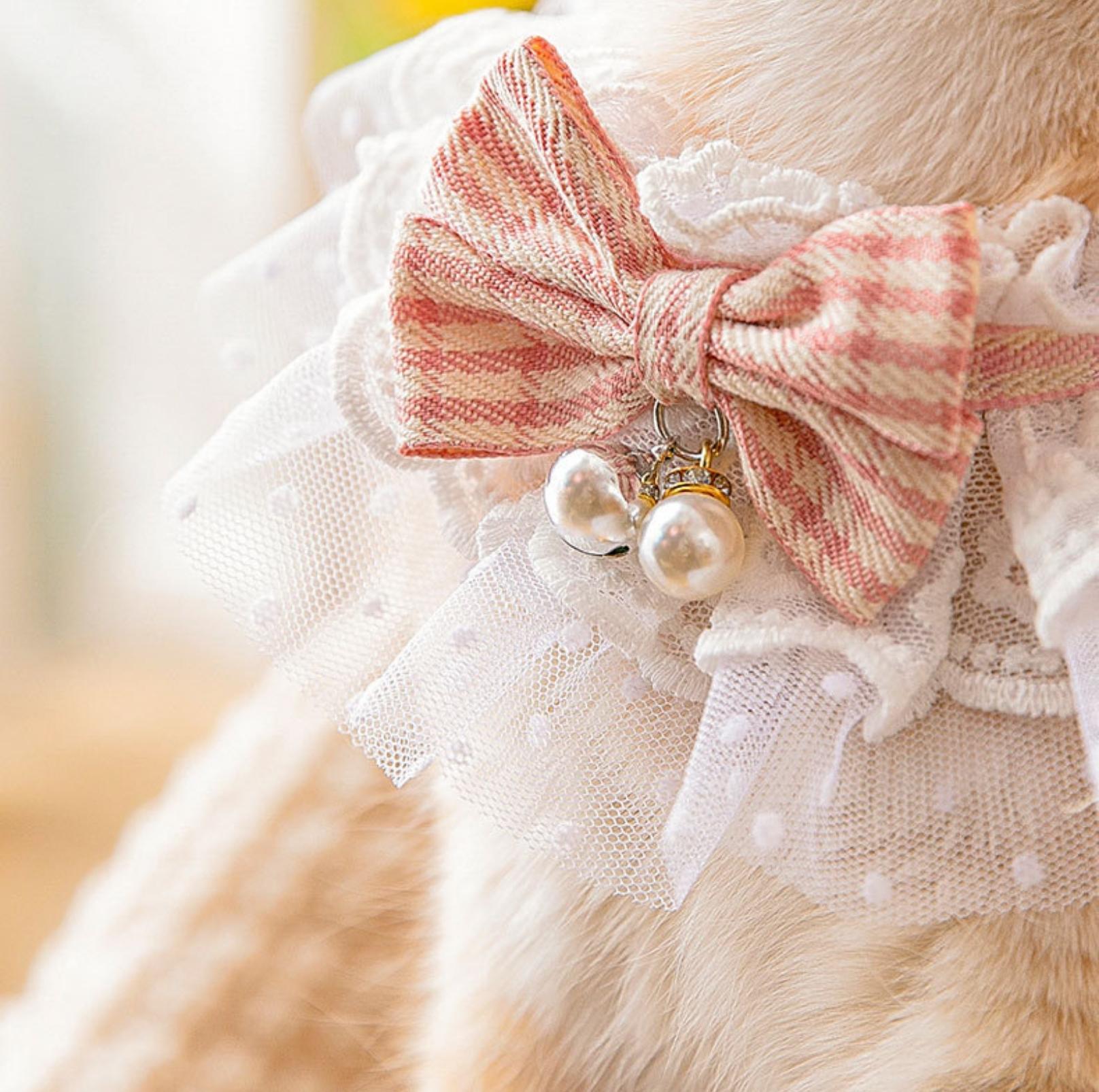 Lace-Decorated Plaid Bowtie Pet Bib with Bell