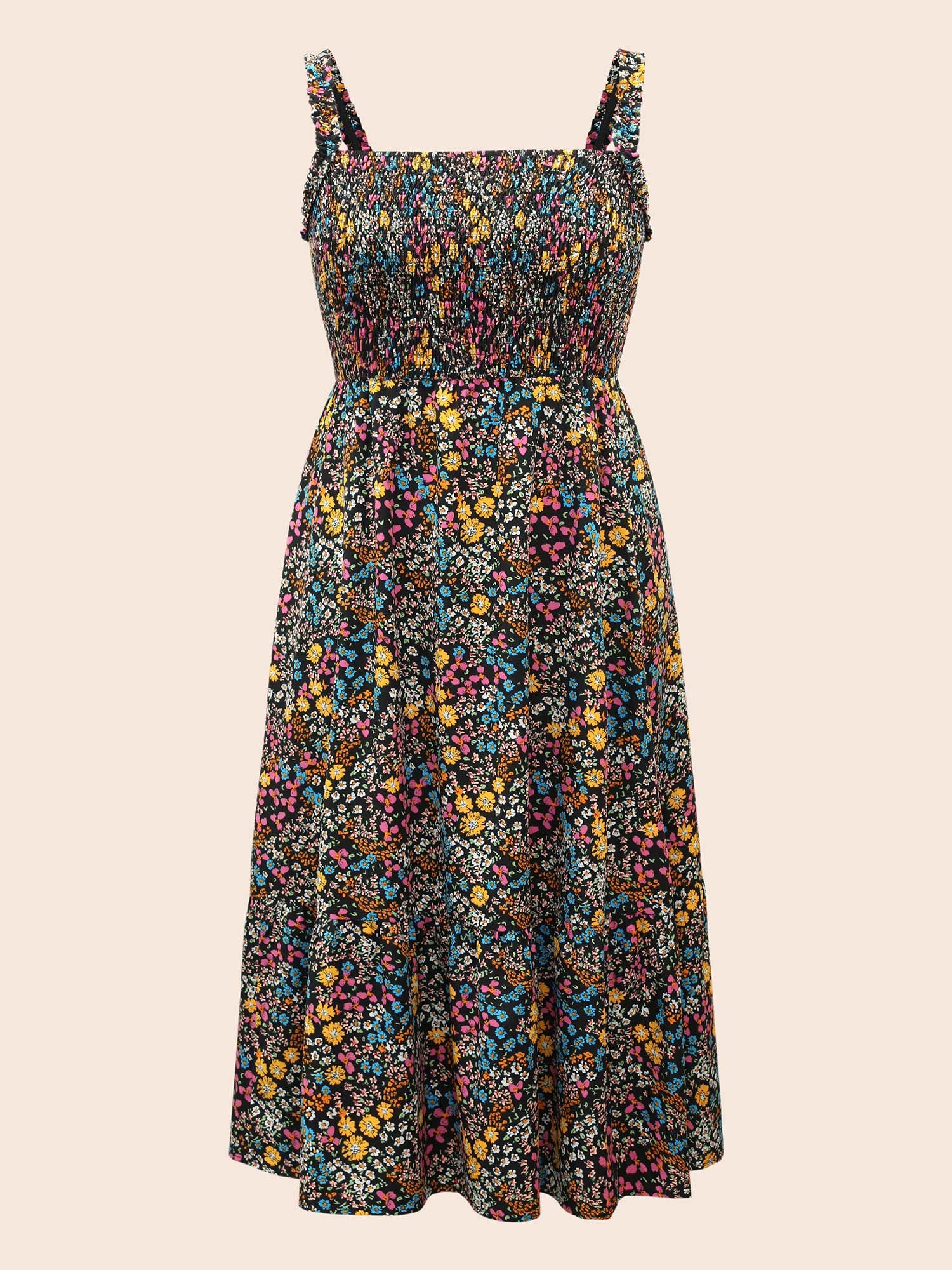 Ditsy Floral Shirred Ruffles Midi Dress